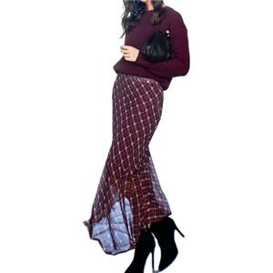 Anthropologie Hutch Plaid Burgundy Midi Skirt Size 4